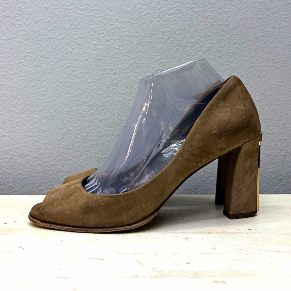 Tory Burch Grey Suede Peep Toe Block Heel Pumps Size 8M